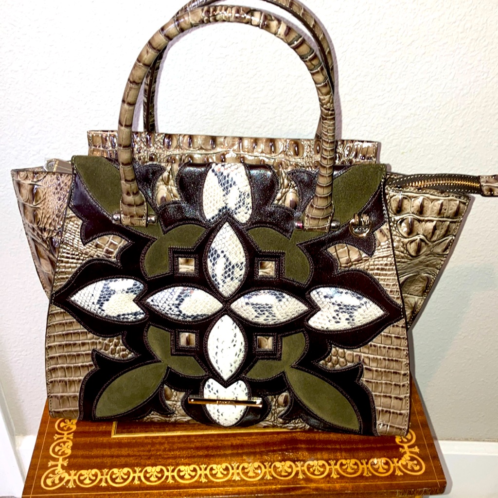 Nwt Brahmin Priscilla Satchel Patchwork Large Brown Snakeskin